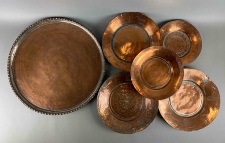 Group of 6 Middle Eastern Copper Finished Hanging Plates and More