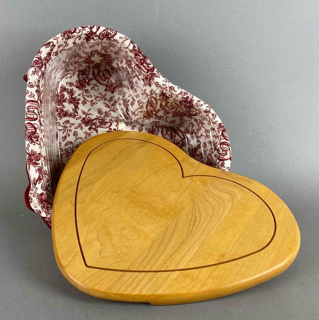 Longaberger Heart Shaped Basket: Includes plastic liner. Measures 8 x 9 x 3 1/4 inches.