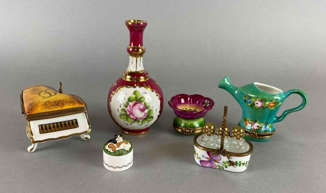 Group of 6 Porcelain Figural Pill Boxes and More: Includes piano, Bud vase, mini perfume bottle and more. Largest item measures 4 3/4 x 2 1/2 x 2 1/2 inches.