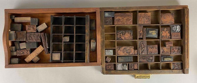 Group of Industrial Letterpress Typesetting, Cabinet Drawer, and Tray