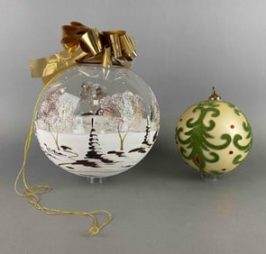 Group of 2 Large German Hand Painted Blown Glass Christmas Ornaments