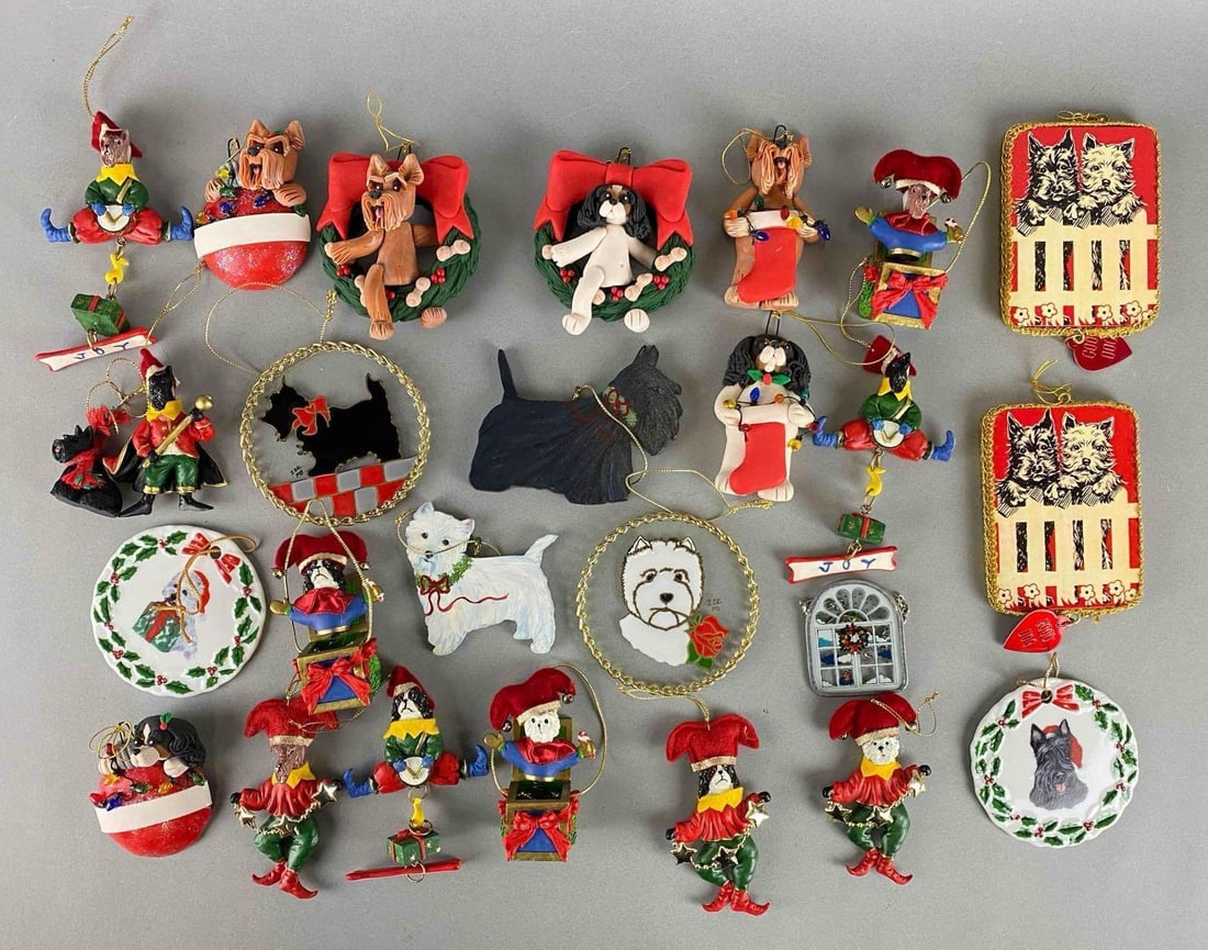 Group of 25 Assorted Scottie Dog Christmas Ornaments: Features wreaths, dog bone, stocking and more. Includes clay, glass, resin and more. Largest ornament measures 4 1/2 x 3 x 1/2 inches.