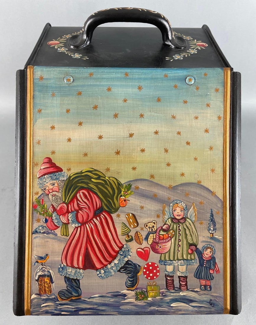Christine Ulrich German Hand Painted Metal Coal Box: No Scoop. Features Santa and Children. Measures 12 x 9 1/2 x 17 inches.