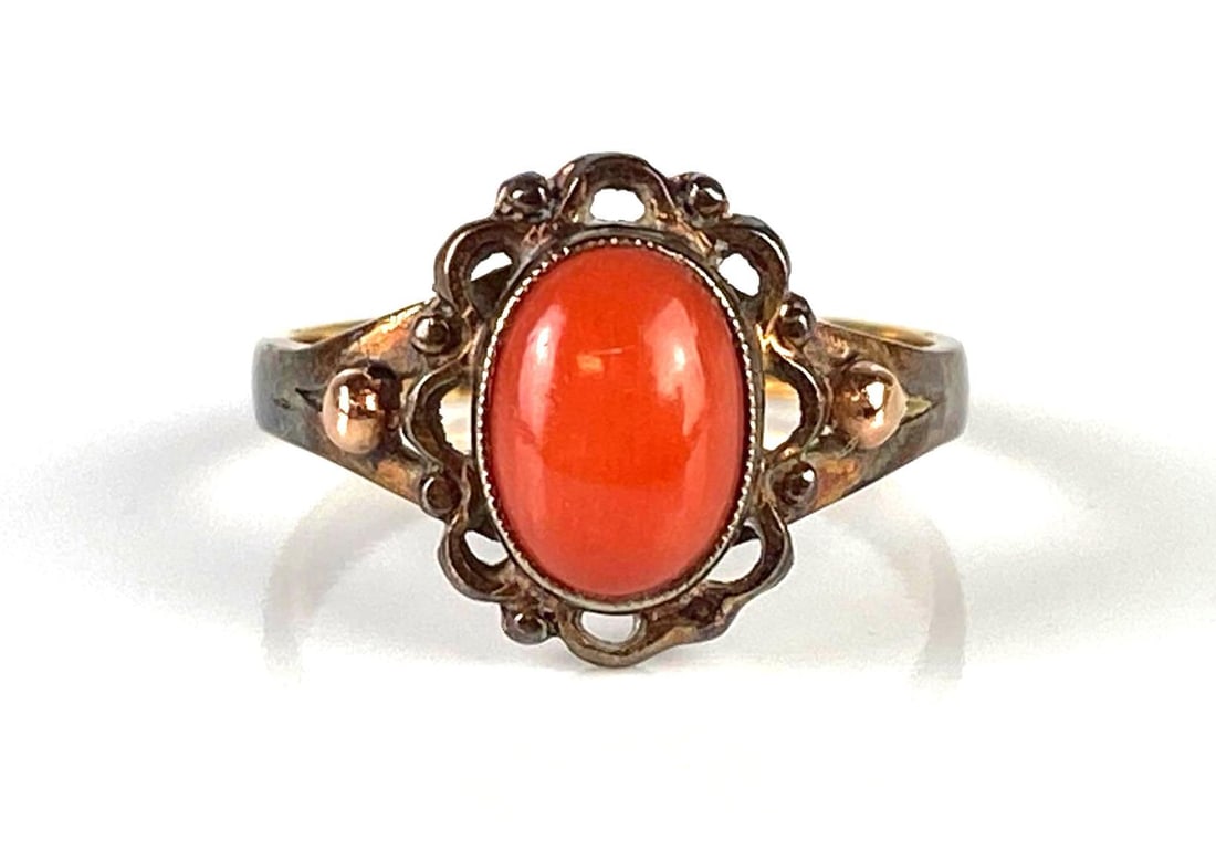 14K Rose Gold Red Coral Ring: Total weight 1.7g, Size 2 1/2.