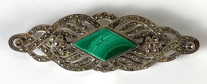 Sterling Silver Malachite and Marcasite Brooch
