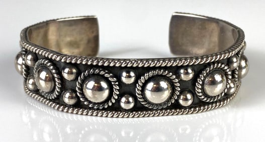Taxco Sterling Silver Beaded Design Cuff Bracelet