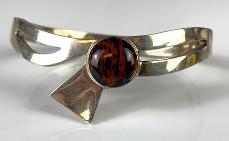 Taxco Sterling Silver Mahogany Obsidian Hinged Bangle Bracelet
