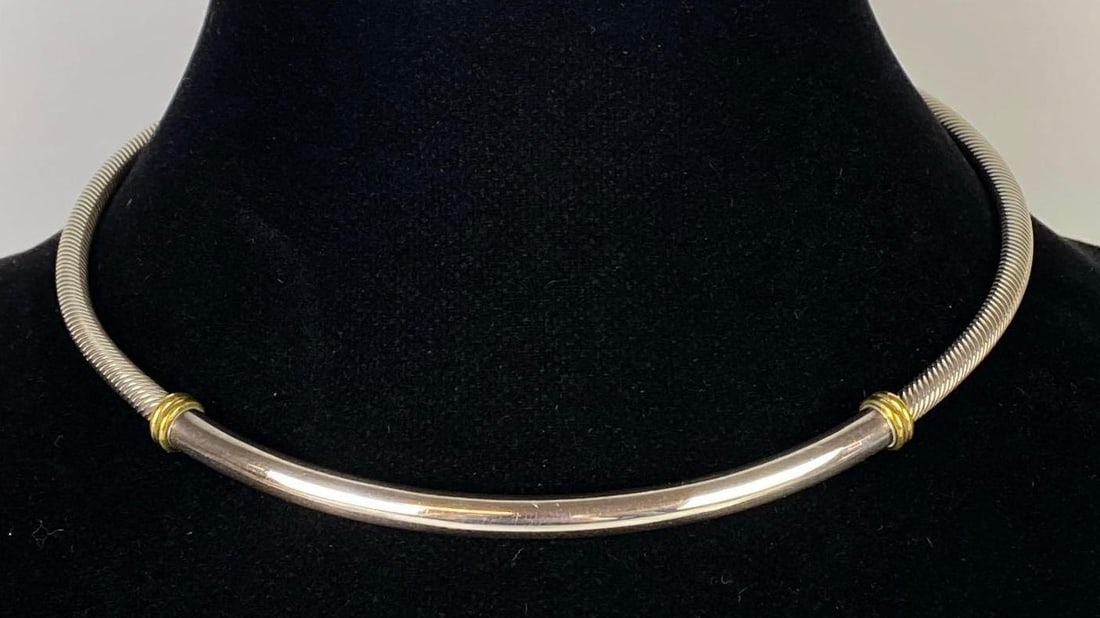 Sterling Silver and Brass Twisted Rope Choker Necklace: Total weight 47.9g, Interior measures 13 inches around without gap, Interior measures 15 inches around with gap.