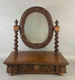 Antique Olive Wood Carved Vanity Mirror and Drawer