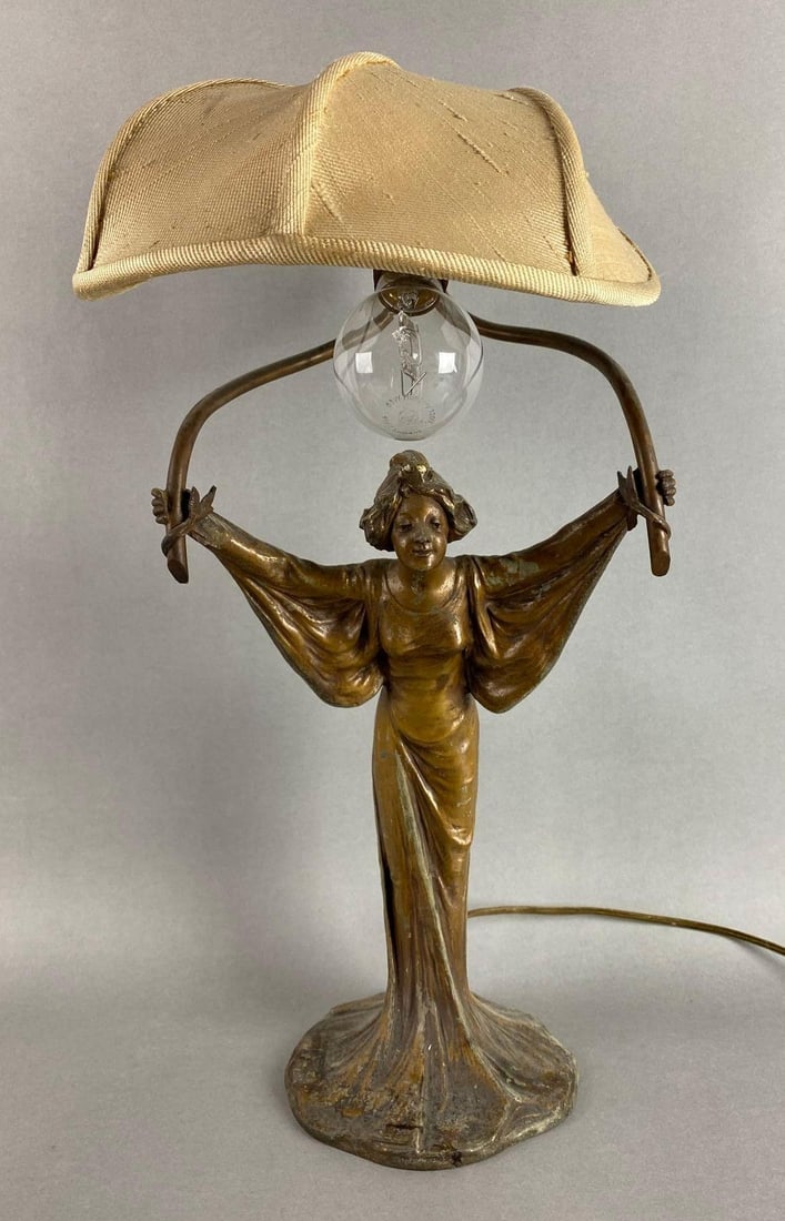 Antique Metal Gibson Girl Statue Desk Lamp with Fabric Parachute Shade (1 of 3)