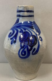 Antique 1/2 Liter Salt Glaze Stoneware Jug with Cobalt Floral Motif