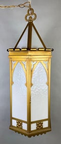Gothic Gold Painted Metal Hanging Light Fixture with Milk Glass Panels