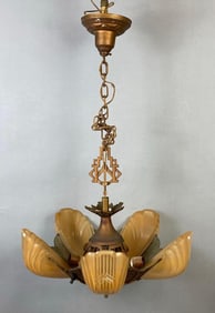 Art Deco Slip Shade Chandelier with Amber Glass Shades