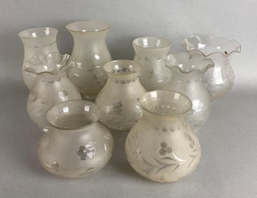 Group of 8 Frosted Cut to Clear Glass Lamp Shades and More