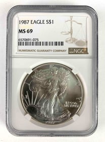 1987 NGC Graded MS69 American Silver Eagle 1 Oz. fine Silver Dollar