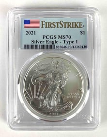 2021 First Strike PCGS Graded MS70 American Silver Eagle1 Oz. Fine Silver Dollar Type 1