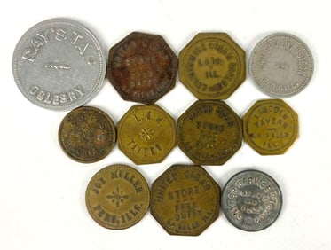 Group of 11 Illinois Valley Store and Bar Tokens