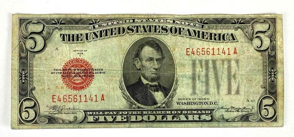 1928 C $5 Red Seal Abraham Lincoln US Bill