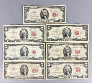 Group of 7 $2 Red Seal Bills