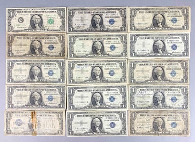 Group of 14 Silver Certificates 1 Dollar Bills and More