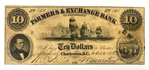 1853 The Farmers and Exchange Bank of Charleston Ten Dollar Note