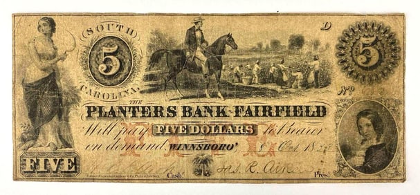 1853 The Planters Bank of Fairfield Five Dollar Note