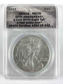 2011 ANACS Graded MS 70 25th Anniversary First Strike Coin Silver Eagle 1 oz. Fine Silver Dollar