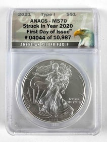 2021 ANACS Graded MS 70 Struck in Year 2020 First Day of Issue Silver Eagle 1 oz. Fine Silver Dollar