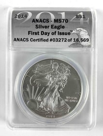 2014 ANACS Graded MS 70 First Day Issue Silver Eagle 1 oz. Fine Silver Dollar