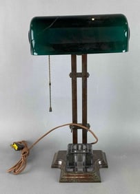Antique Brass Student Lamp with Inkwell and Pen Holder