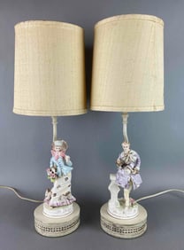 Group of 2 1920s Porcelain Victorian Figural Lamps