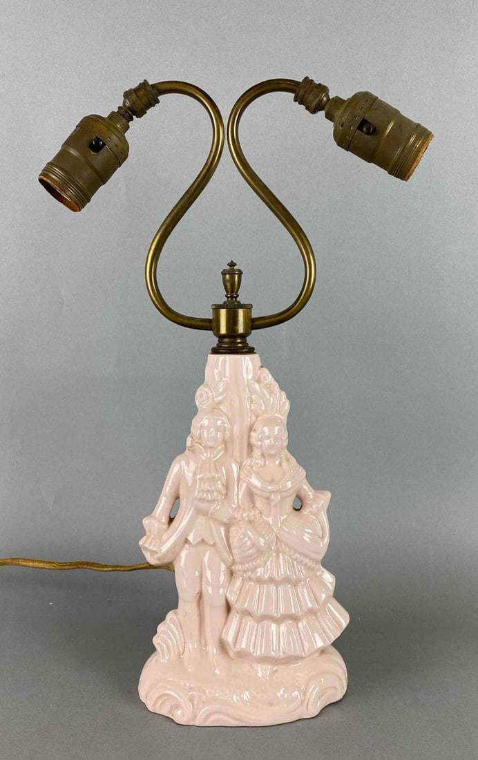 Vintage Pink Porcelain Figural Lamp: Left socket works, right does not. Cord is fraying. Measures 13 1/2 x 13 x 4 inches.