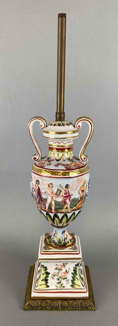 Capodimonte Hand Painted Porcelain Lamp Base: Made in France. Measures 19 x 5 x 5 inches.