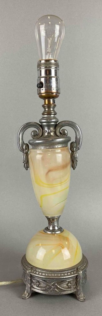 Art Deco Metal and Glass Lamp: Working condition. Measures 13 1/2 x 5 x 5 inches.