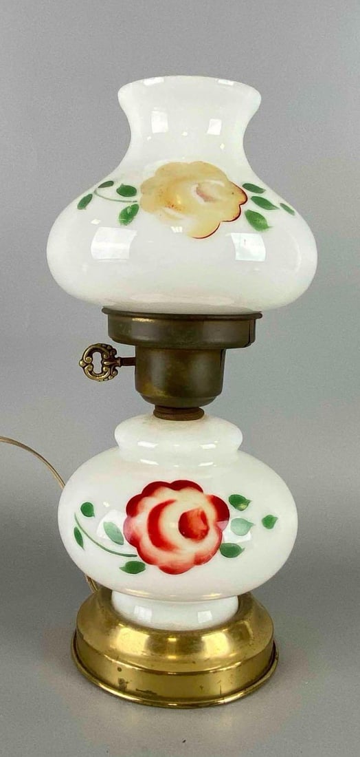 Antique Hand Painted White Glass Floral Table Lamp: Working Condition. Does have a chip, flower on top shade is faded and some Metal is cracked. Measures 13 1/2 x 6 x 6 inches.