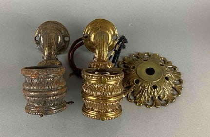 Group of 2 Antique Elevator Beaux Art Brass Wall Sconces