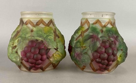 Group of 2 Antique Grape and Cable Frosted Hand Painted Glass Lamp Shades