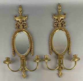 Group of 2 Antique Ornate Polished Brass Mirrored Wall Sconces