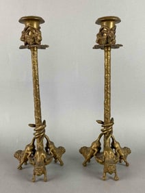 Pair of Reproduction 1980 Arther Court Design Brass 3 Lion Candlesticks