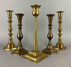 Group of 5 Antique Brass Candlesticks