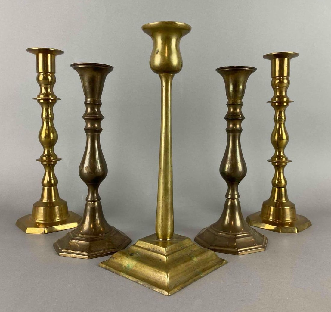 Group of 5 Antique Brass Candlesticks (1 of 4)