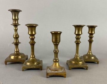 Group of 5 Small Antique Brass Candlesticks