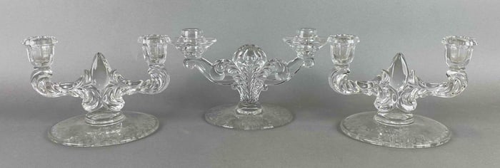 Group of 3 Etched Crystal Glass Candelabras