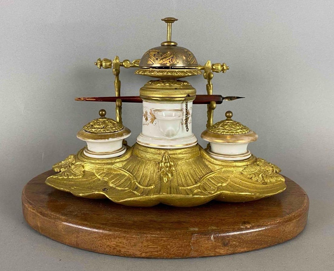 Early 1900s Antique French Brass Gilt Inkwell with Bell (1 of 5)