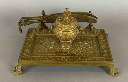 Antique Ornate Brass Inkwell Set