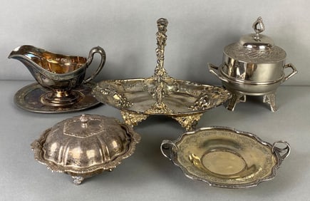 Group of Antique Silverplate Serving Dishes and More