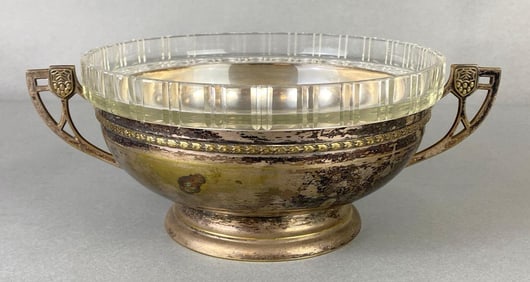 Antique Silverplate Handled Bowl with Clear Glass Insert