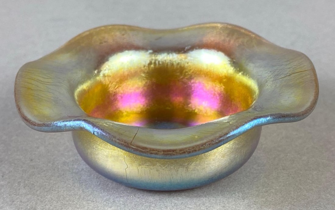 Tiffany Style Gold Favrile Glass Salt Cellar: Measures 3 1/4 x 3 1/4 x 1 inches.