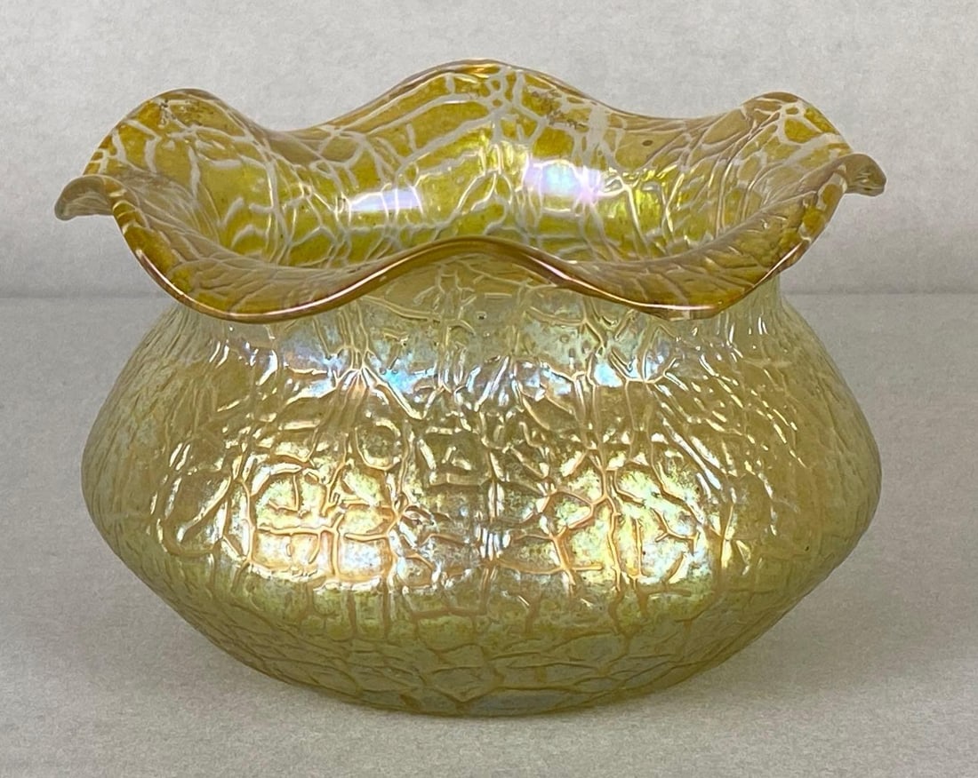 Loetz Gold Iridescent Candia Mimosa Glass Ruffle Rim Bowl: Measures 3 1/4 x 5 1/4 x 5 1/4 inches.