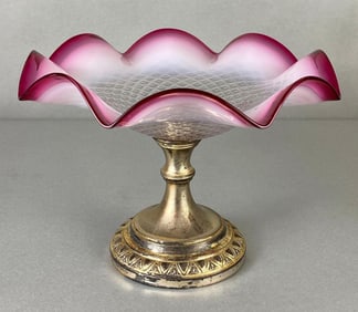 Pink Opalescent Quilted Glass Compote with Silverplate Base